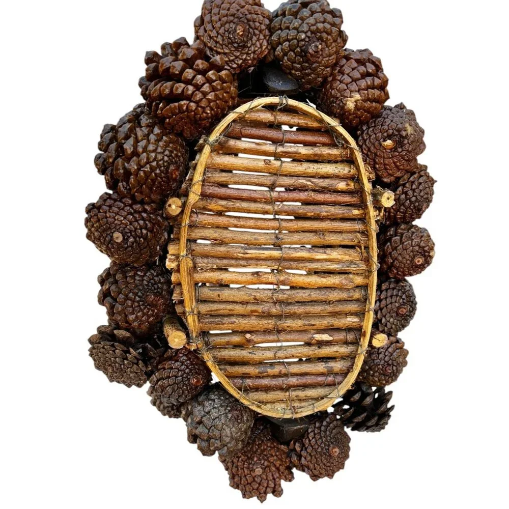 Pinecone Basket with Hand-Carved Wooden Deer Handle Dated 1994